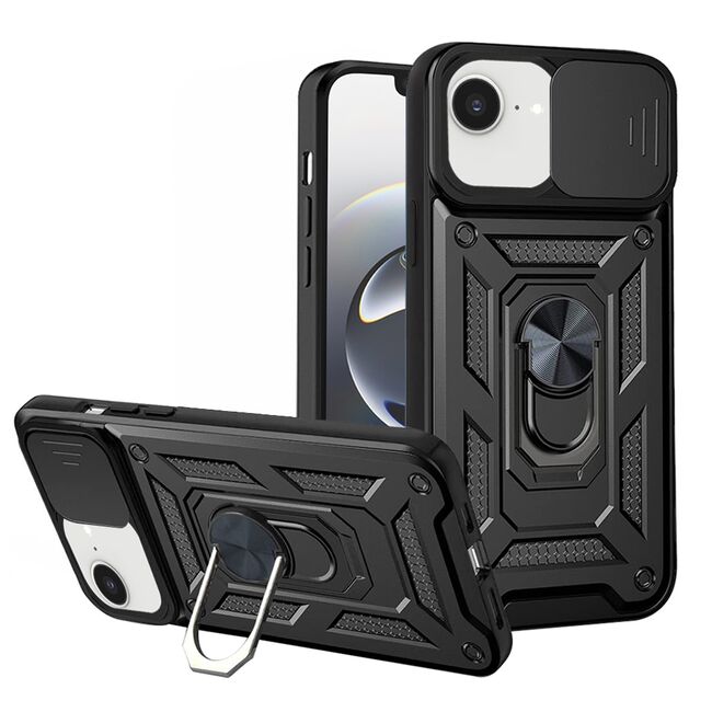 Husa pentru  iPhone 16e Ring Armor Kickstand Tough Rugged Cover cu protectie camera, Negru