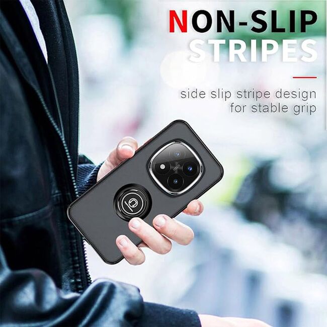 Husa de protectie pentru  Xiaomi Redmi Note 14 Pro 4G premium cu inel stand rotativ, suport magnetic si bumper anti-alunecare - Negru denim