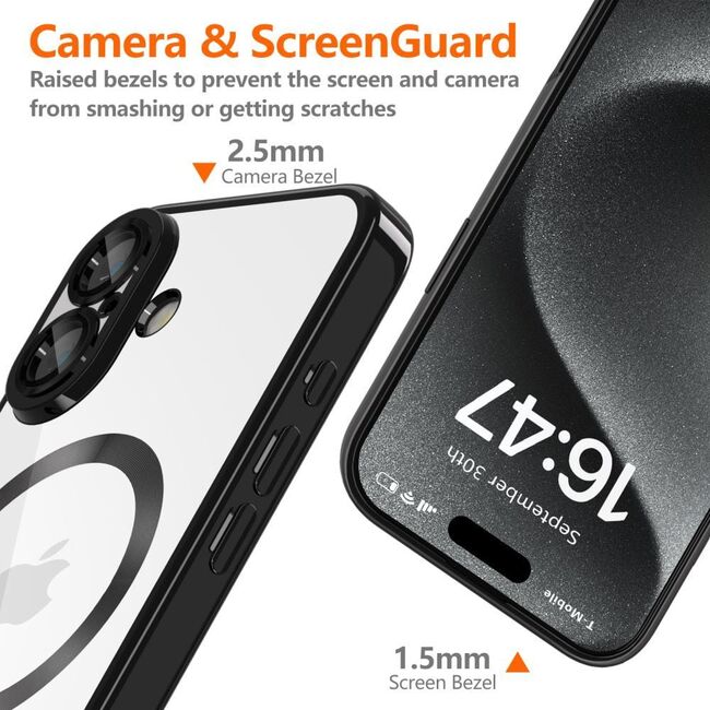 Husa pentru iPhone 16e cu MagSafe si protectie pentru lentile anti-shock 1.5 mm transparent - negru