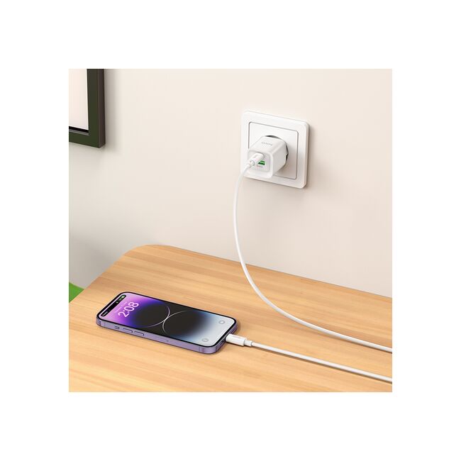 Set incarcator iPhone fast charge pentru priza XO plus cablu de incarcare PD, USB-C - Lightning (iPhone) 20W, alb