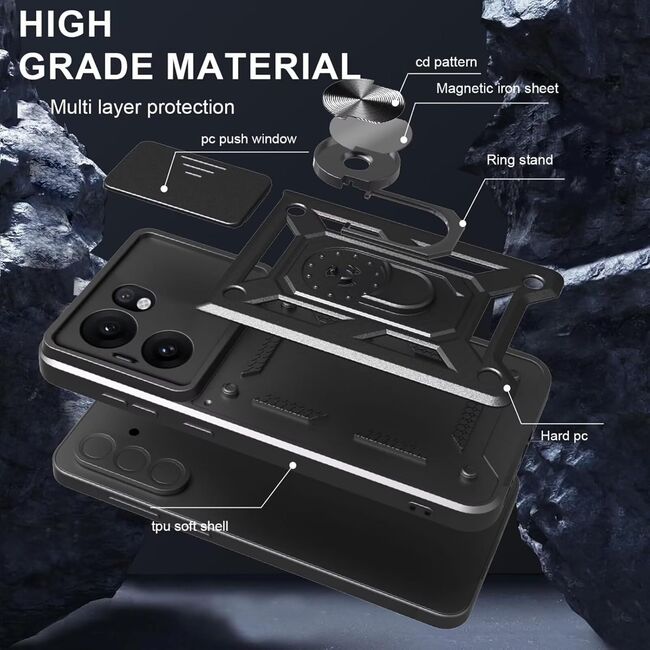 Husa pentru Oppo Reno 13F, 13FS 4G, 5G Ring Armor Kickstand Tough Rugged Cover cu protectie camera - albastru
