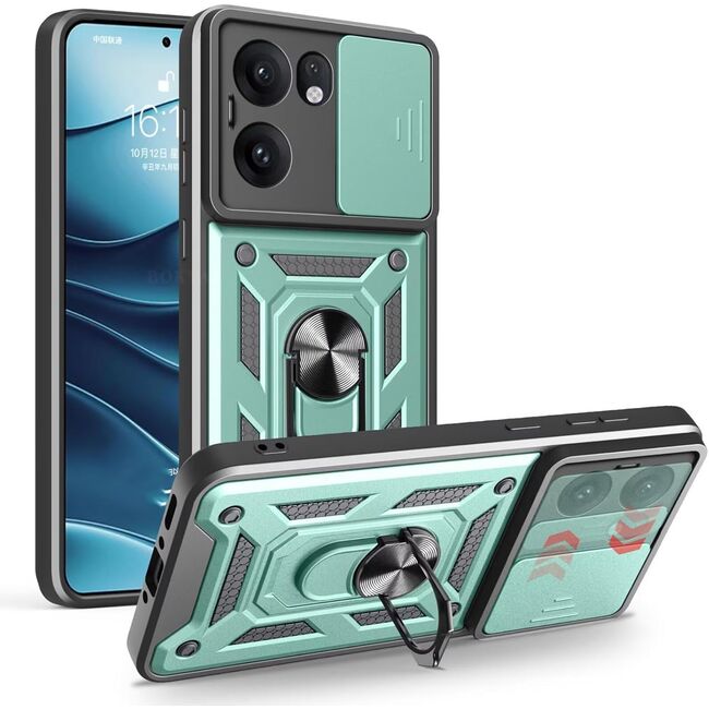 Husa pentru Oppo Reno 13F, 13FS 4G, 5G Ring Armor Kickstand Tough Rugged Cover cu protectie camera - verde