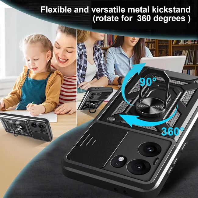 Husa pentru Oppo Reno 13F, 13FS 4G, 5G Ring Armor Kickstand Tough Rugged Cover cu protectie camera - albastru
