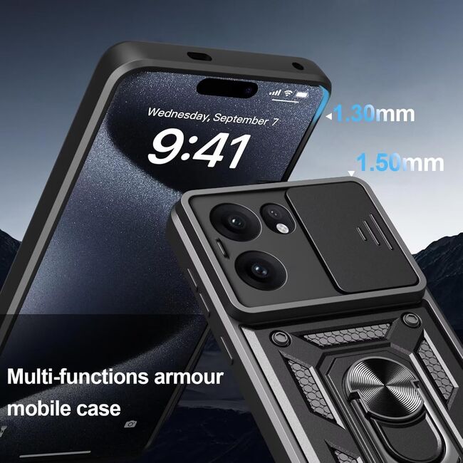 Husa pentru Oppo Reno 13F, 13FS 4G, 5G Ring Armor Kickstand Tough Rugged Cover cu protectie camera - albastru
