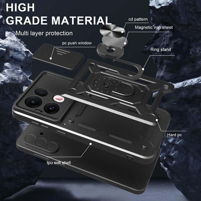 Husa pentru Oppo Reno 13 Pro 5G Ring Armor Kickstand Tough Rugged Cover cu protectie camera - roz gold