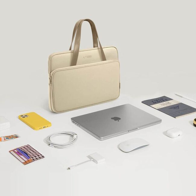 Geantă premium pentru laptop, compatibilă cu modele Macbook, Dell, HP, Lenovo - Protecție elegantă și funcțională, compatibilitate 13 - 14 inch, bej