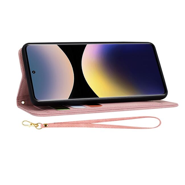 Husa tip carte pentru  Xiaomi Redmi Note 14 Pro 4G, functie stand si port carduri, Roz