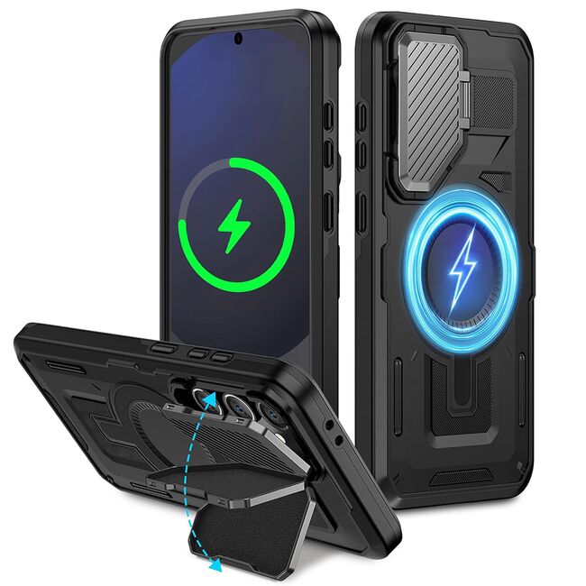 Husa pentru Samsung Galaxy S24 FE compatibla MagSafe, Rugged Shockproof Magnetic, Camera Cover, Built-in Kickstand - Negru