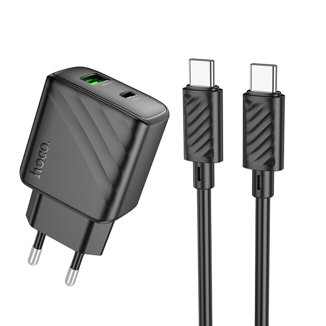 Set incarcator rapid pentru priza universal pentru iPhone, Samsung, Oppo, Honor fast charge PD 30W si QC 3.0, 1 x USB, 1 x USB Tip-C, cu cablu USB-C la USB-C 1m, Hoco, negru
