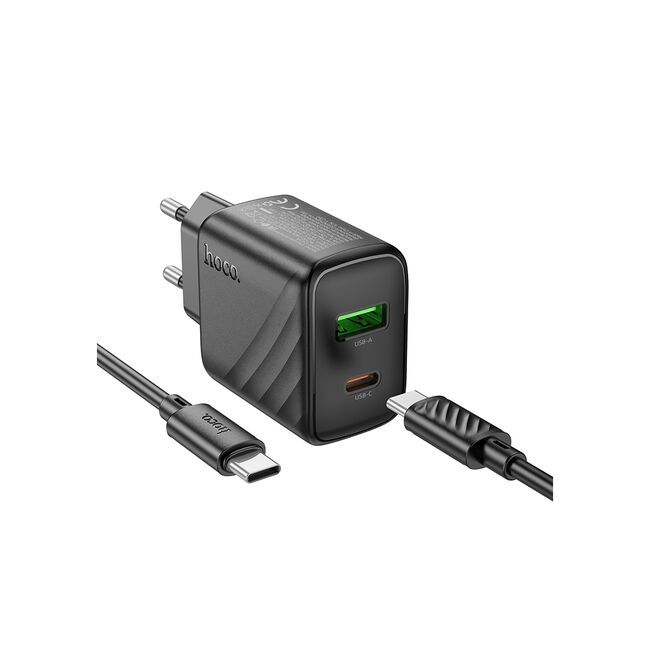 Set incarcator rapid pentru priza universal pentru iPhone, Samsung, Oppo, Honor fast charge PD 30W si QC 3.0, 1 x USB, 1 x USB Tip-C, cu cablu USB-C la USB-C 1m, Hoco, negru