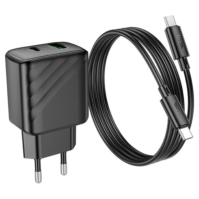 Set incarcator rapid pentru priza universal pentru iPhone, Samsung, Oppo, Honor fast charge PD 30W si QC 3.0, 1 x USB, 1 x USB Tip-C, cu cablu USB-C la USB-C 1m, Hoco, negru