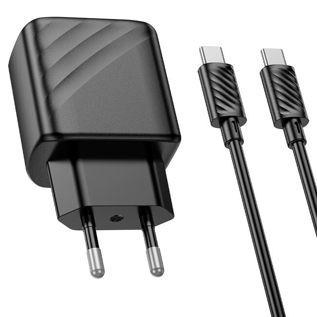 Set incarcator rapid pentru priza universal pentru iPhone, Samsung, Oppo, Honor fast charge PD 30W si QC 3.0, 1 x USB, 1 x USB Tip-C, cu cablu USB-C la USB-C 1m, Hoco, negru