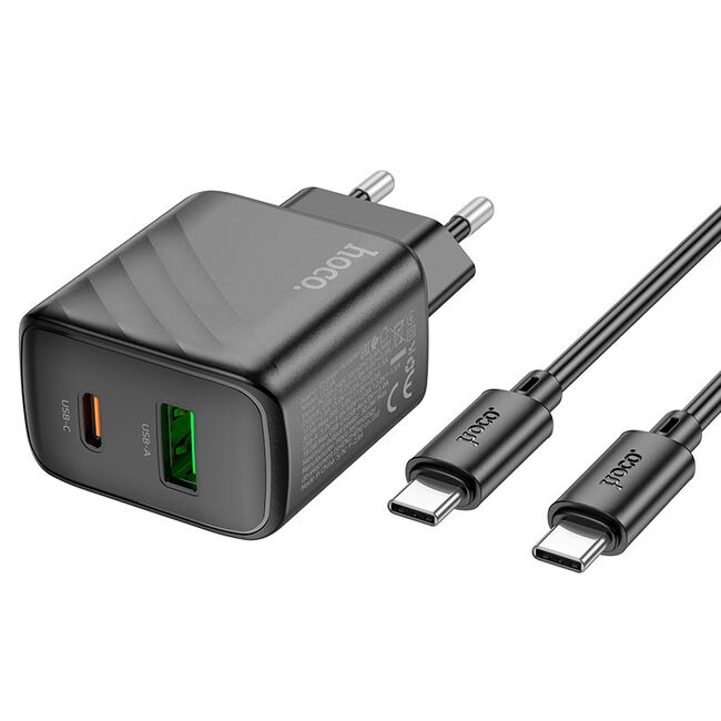Set incarcator rapid pentru priza universal pentru iPhone, Samsung, Oppo, Honor fast charge PD 30W si QC 3.0, 1 x USB, 1 x USB Tip-C, cu cablu USB-C la USB-C 1m, Hoco, negru