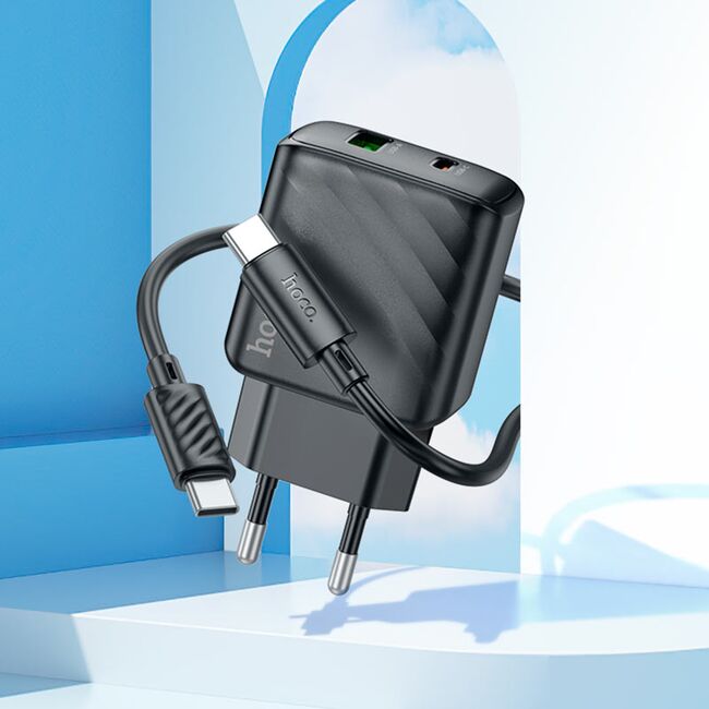 Set incarcator rapid pentru priza universal pentru iPhone, Samsung, Oppo, Honor fast charge PD 30W si QC 3.0, 1 x USB, 1 x USB Tip-C, cu cablu USB-C la USB-C 1m, Hoco, negru