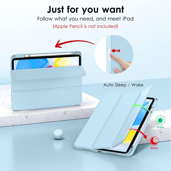 Husa pentru iPad 11 2025 11 inch Soft Shell cu functie wake-up/sleep si compartiment pentru Apple Pen, tip stand, protectie 360, sky blue