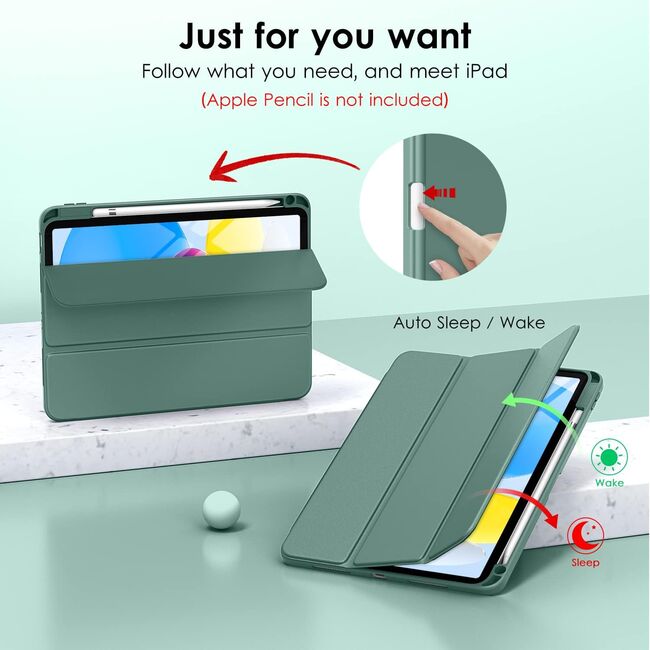 Husa pentru iPad 11 2025 11 inch Soft Shell cu functie wake-up/sleep si compartiment pentru Apple Pen, tip stand, protectie 360, verde inchis