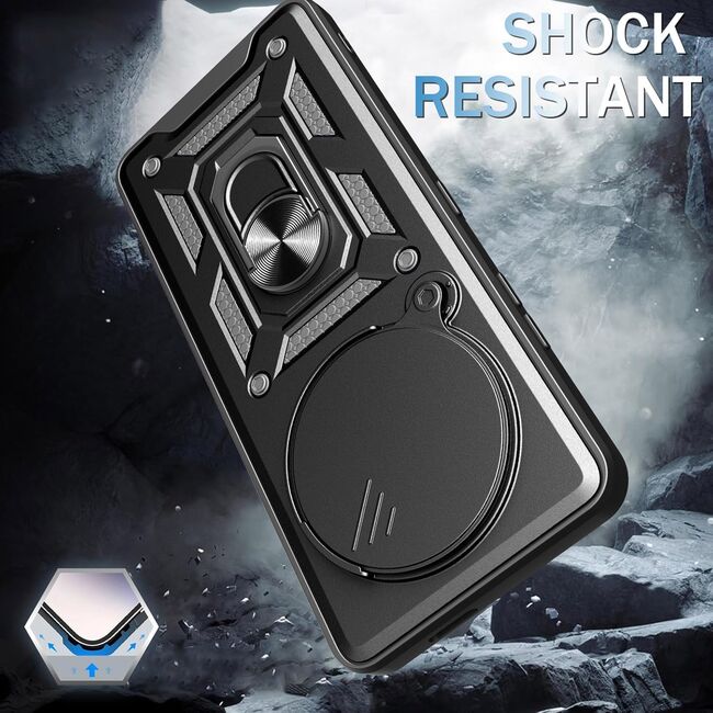 Husa pentru Realme 14 Pro+ Plus Ring Armor Kickstand Tough Rugged Cover cu protectie camera, Negru