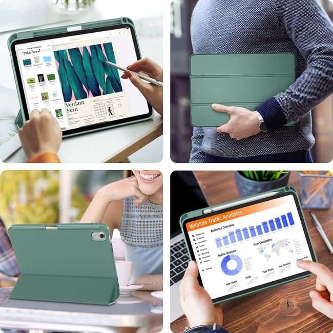 Husa pentru iPad 11 2025 11 inch Soft Shell cu functie wake-up/sleep si compartiment pentru Apple Pen, tip stand, protectie 360, verde inchis
