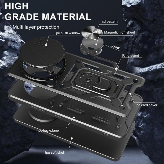 Husa pentru Realme 14 Pro+ Plus Ring Armor Kickstand Tough Rugged Cover cu protectie camera, Negru