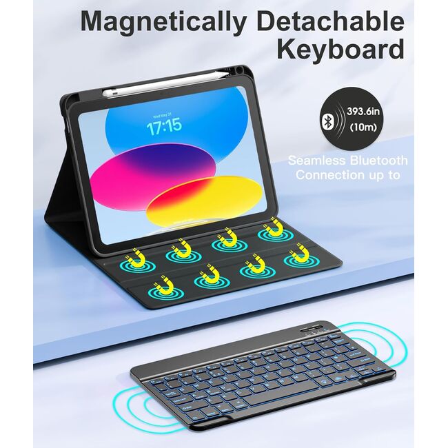 Husa pentru iPad 11 2025 cu tastatura iluminata wireless detasabila RGB 7 lights, Bluetooth, USB Type-C, functie stand si slot stylus, negru