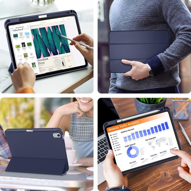 Husa pentru iPad 11 2025 11 inch Soft Shell cu functie wake-up/sleep si compartiment pentru Apple Pen, tip stand, protectie 360, navy blue