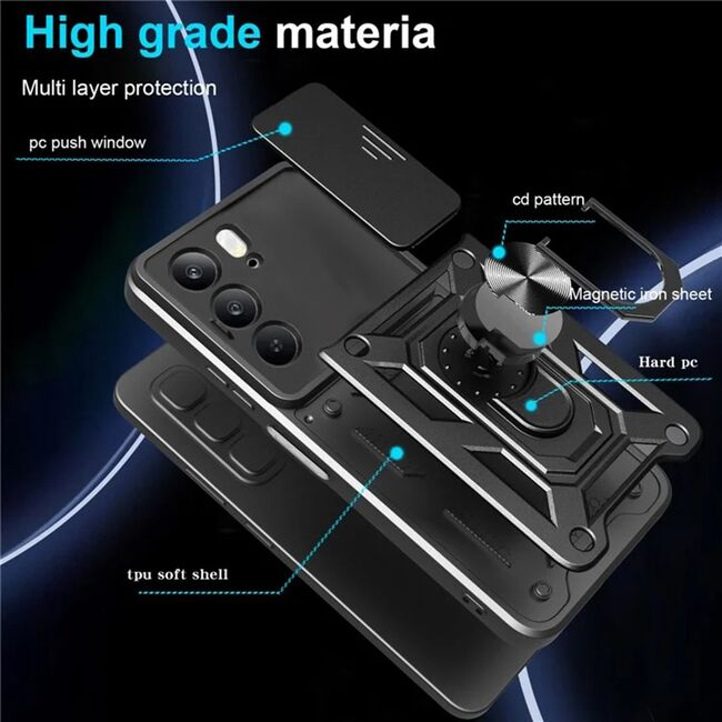 Husa pentru  Realme C75 Ring Armor Kickstand Tough Rugged Cover cu protectie camera, Negru