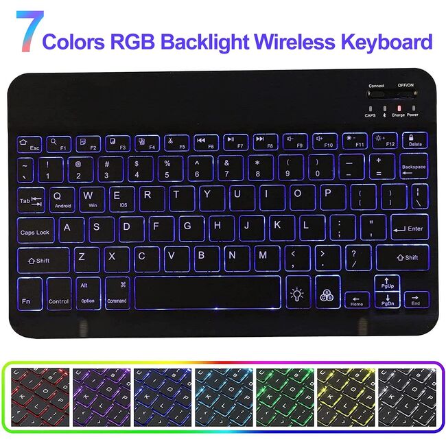 Husa pentru iPad 11 2025 cu tastatura iluminata wireless detasabila RGB 7 lights, Bluetooth, USB Type-C, functie stand si slot stylus + mouse wireless iluminat LED, negru