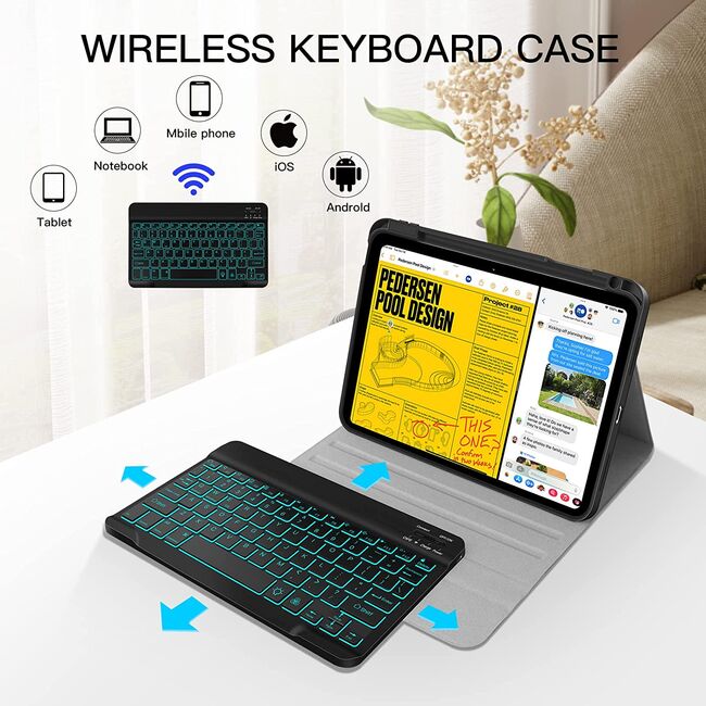 Husa pentru iPad 11 2025 cu tastatura iluminata wireless detasabila RGB 7 lights, Bluetooth, USB Type-C, functie stand si slot stylus + mouse wireless iluminat LED, negru