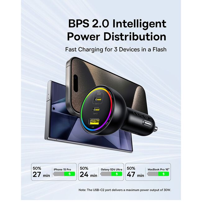 Incarcator auto 2x USB-C, USB, 152.5W, Fast Charging, RGB Ambient Light, USB-C Cable Baseus, C00036101111-00