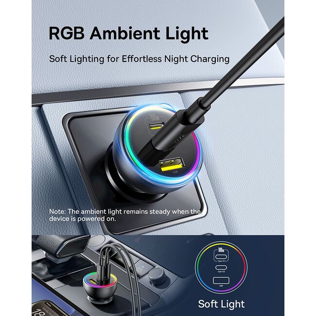 Incarcator auto 2x USB-C, USB, 152.5W, Fast Charging, RGB Ambient Light, USB-C Cable Baseus, C00036101111-00