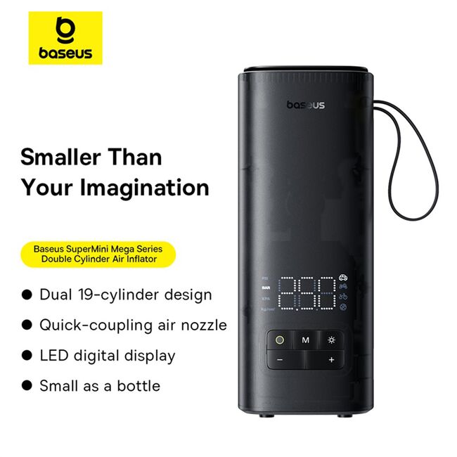 Mini compresor auto portabil display digital Double Cylinder, LED Digital Display, Faster Inflation Baseus, negru
