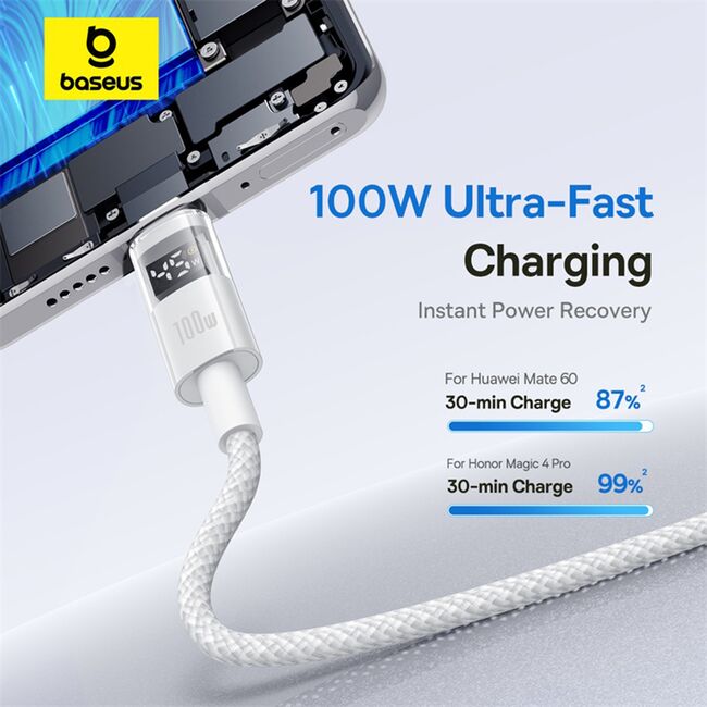 Cablu date USB-C Fast Charging Digital Display, 100W, 1m, alb Baseus, P10382701211-00