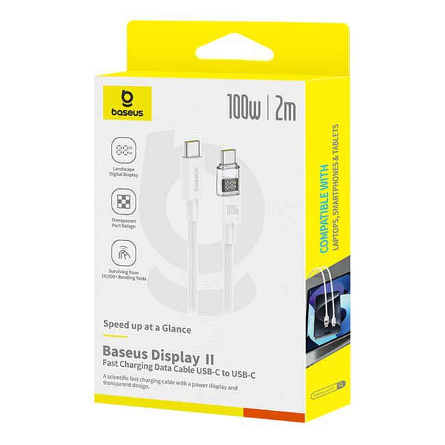 Cablu tip C cu display,  Fast Charging, Type-C la Type-C, Digital Display, 100W, 2m, alb Baseus, P10382702211-01