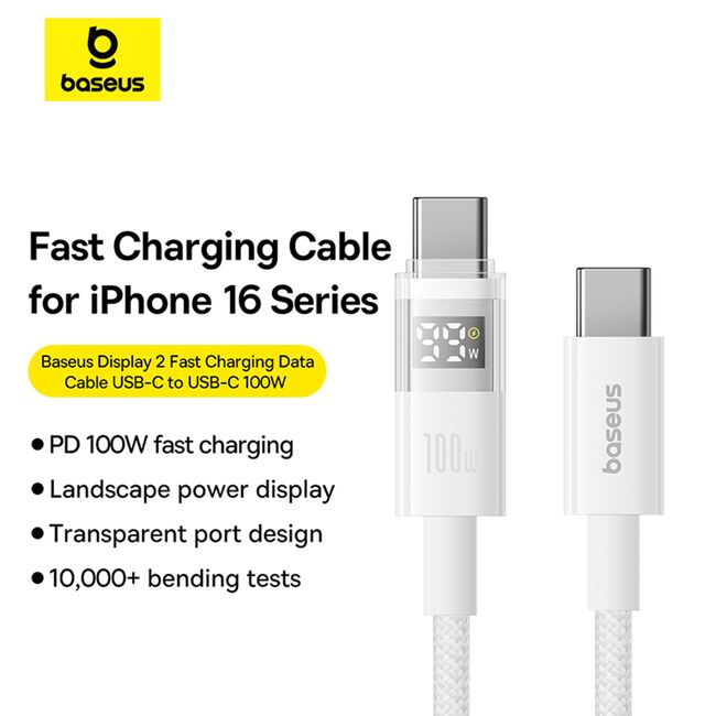 Cablu tip C cu display,  Fast Charging, Type-C la Type-C, Digital Display, 100W, 2m, alb Baseus, P10382702211-01