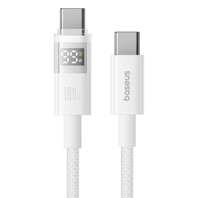Cablu tip C cu display,  Fast Charging, Type-C la Type-C, Digital Display, 100W, 2m, alb Baseus, P10382702211-01