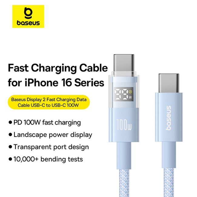 Cablu tip C cu display, Fast Charging, Type-C la Type-C, Digital Display, 100W, 2m, albastru Baseus, P10382702311-01