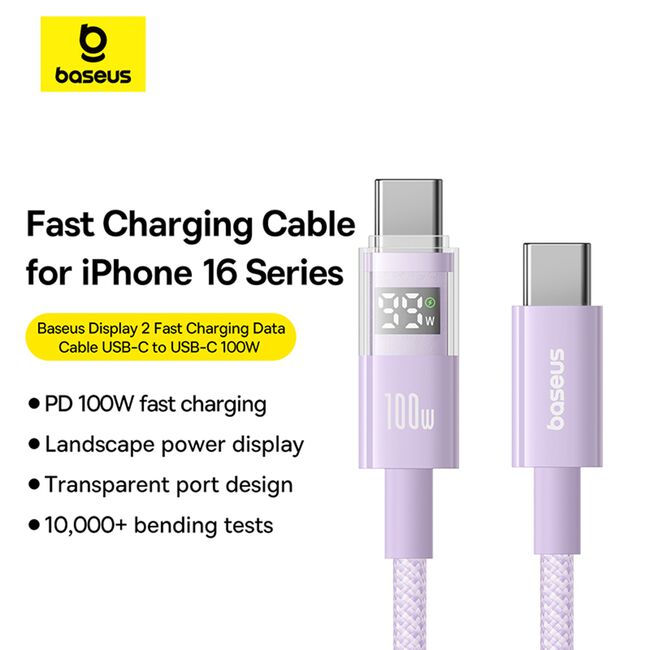 Cablu tip C cu display, Fast Charging, Type-C la Type-C, Digital Display, 100W, 1m, mov Baseus, P10382702511-00
