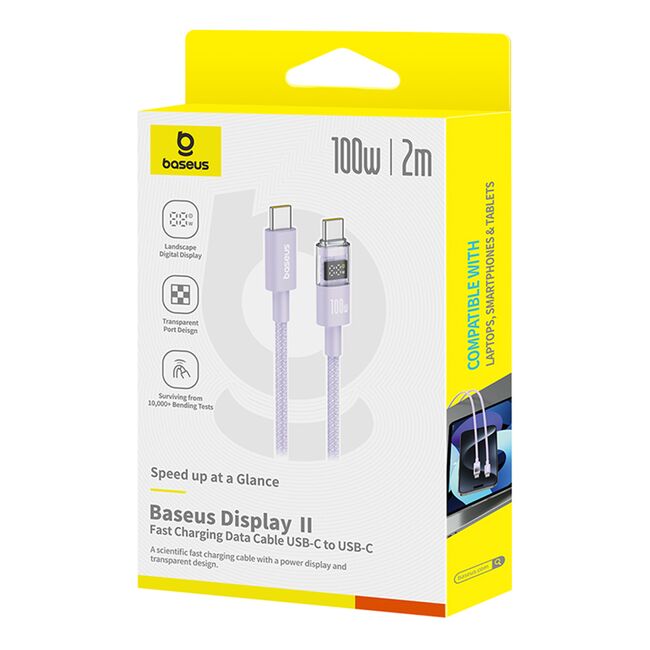 Cablu tip C cu display, Fast Charging, Type-C la Type-C, Digital Display, 100W, 2m, mov Baseus, P10382702511-01