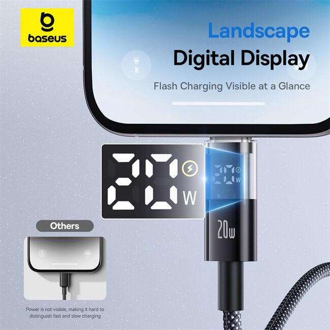 Cablu incarcare iPhone Baseus, Fast Charging, Type-C la Lightning, Digital Display, 20W, 2m, negru, P10382703121-01