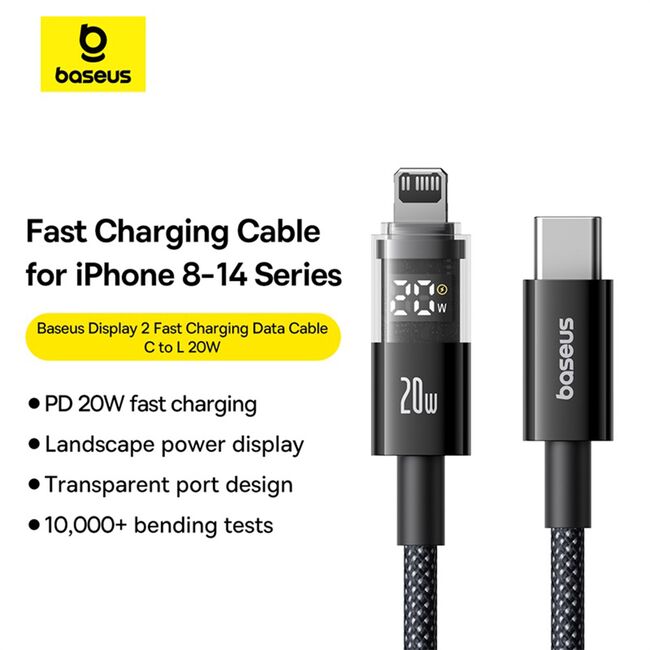 Cablu incarcare iPhone Baseus, Fast Charging, Type-C la Lightning, Digital Display, 20W, 2m, negru, P10382703121-01