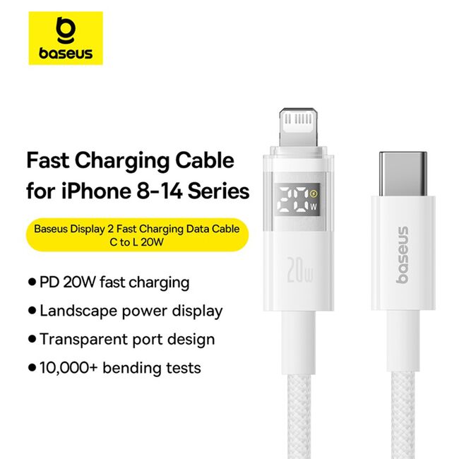 Cablu incarcare iPhone Baseus, Fast Charging, Type-C la Lightning, Digital Display, 20W, 2m, alb, P10382703211-01