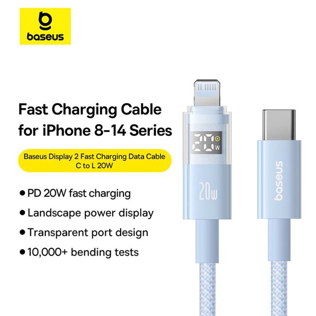 Cablu incarcare iPhone Baseus, Fast Charging, Type-C to Lightning, Digital Display, 20W, 2m, albastru, P10382703311-01