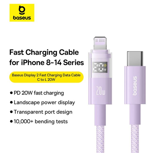 Cablu incarcare iPhone Baseus, Fast Charging, Type-C to Lightning, Digital Display, 20W, 2m, mov, P10382703511-01