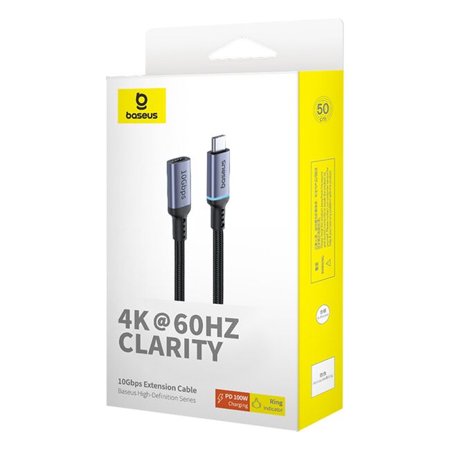 Cablu de date type-c tata la type-c mama, 4k@60hz, pd100w, 10gbps, 0.5m Baseus, negru, B0063370C111-00
