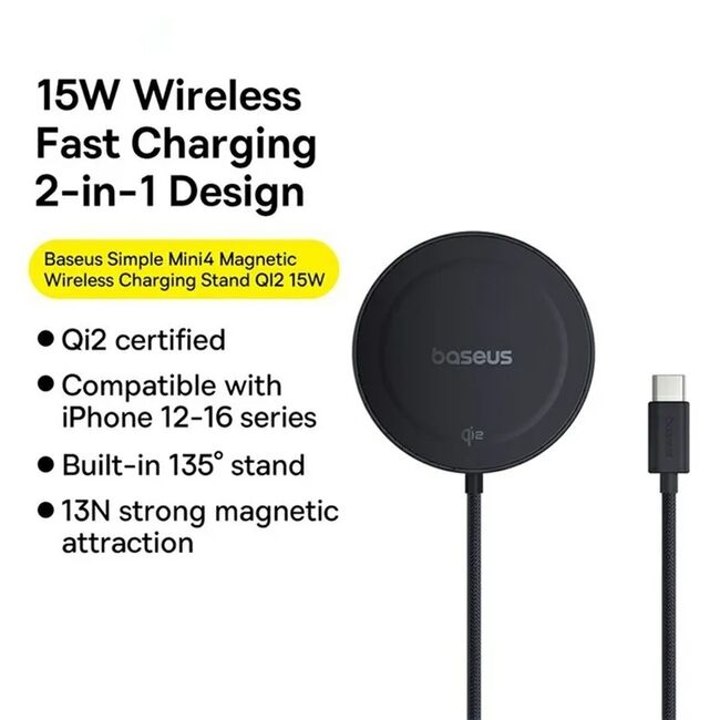 Incarcator wireless magnetic Qi2 Baseus, negru, P10273300121-02
