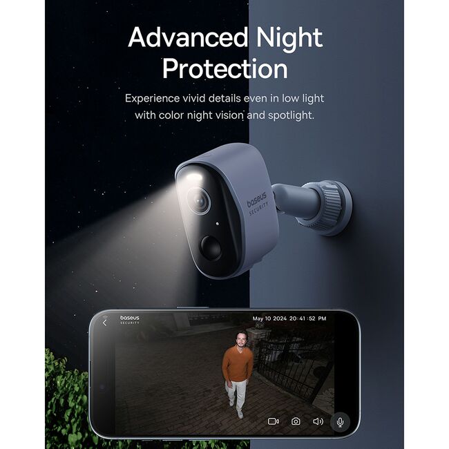 Camera supraveghere exterior wifi 2k, two-way talk, color night vision, ip67, 7.800mah Baseus, S0ST002130, alb