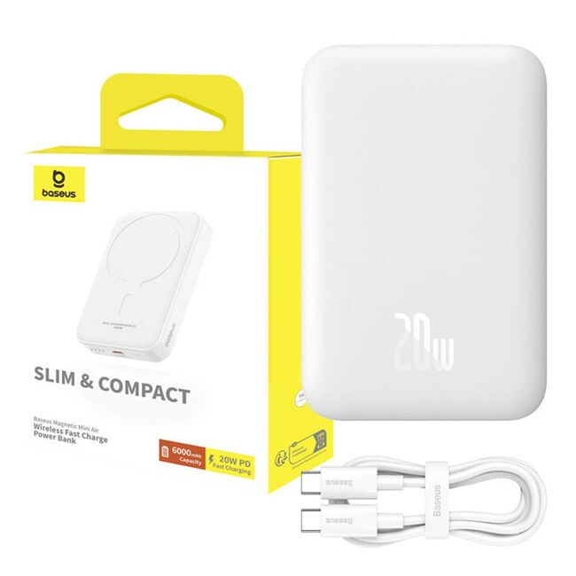 Baterie externa Baseus - power bank magnetic mini air (p10059002223-00) - usb-c, magsafe, 6000mah, 20w - alb
