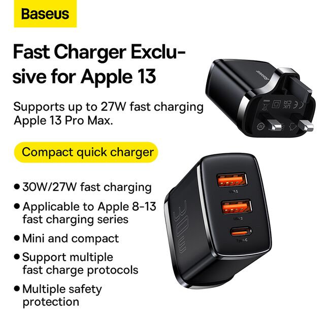 Incarcator priza Baseus - wall charger compact series (ccxj030101) - uk plug, quick charger, 2xusb, type-c, 30w - black