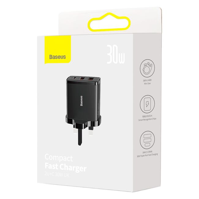 Incarcator priza Baseus - wall charger compact series (ccxj030101) - uk plug, quick charger, 2xusb, type-c, 30w - black