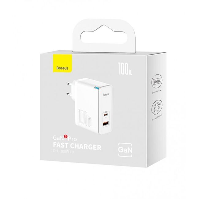 Incarcator priza Fast Charge 2in1 Baseus GaN5 Pro, 100W, alb